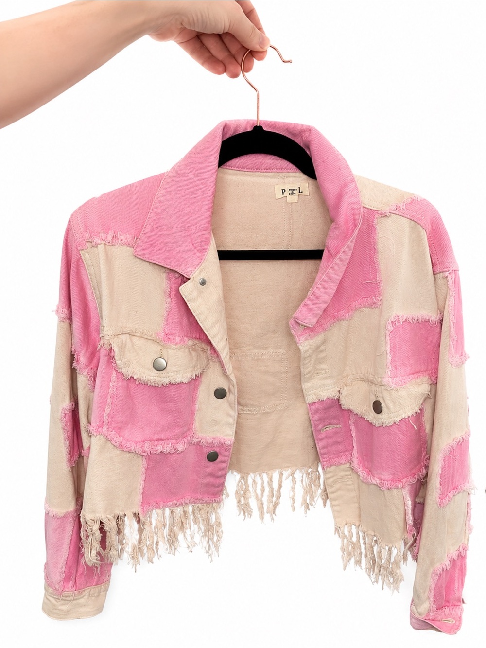 POL Pink & Cream Patchwork Distressed Cropped Jacket – Size Small - Picture 2 of 4